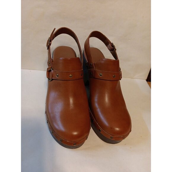 Frye and Co Fabry Womens US 10 Brown Vegan Leather Harness Mules Clogs 4" Heel - Picture 2 of 11